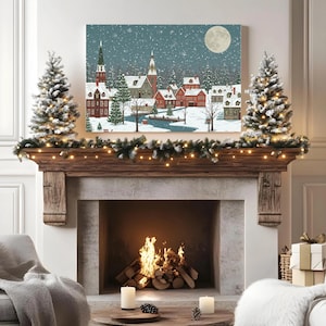 Arte mural navideño vintage, pintura al óleo de paisaje urbano navideño, arte de pueblo invernal, decoración navideña de temporada, arte mural navideño con un toque melancólico.