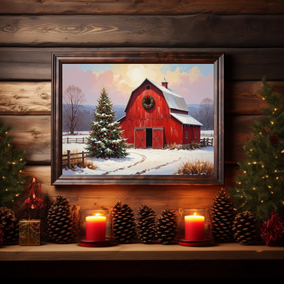 Red Christmas Barn Digital Wall Art Printable Festive Red Christmas ...