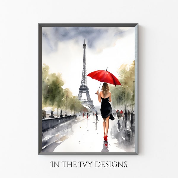 Classy Print, 8x10, Eiffel Tower, 11x14, Paris, Red Umbrella, 16x20, Wall Art, Wall Decor