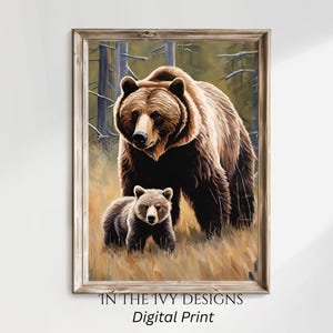 Bear Print, Bear Poster, Nature Print, AI, Bear & Cub, Nature Poster, Bear Wall Art, AI