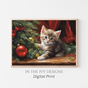 Cat Print Christmas Printable Wall Art, Cat Painting Christmas Prints, Winter Wall Art Christmas Tree Print Cat Lover Gift Art