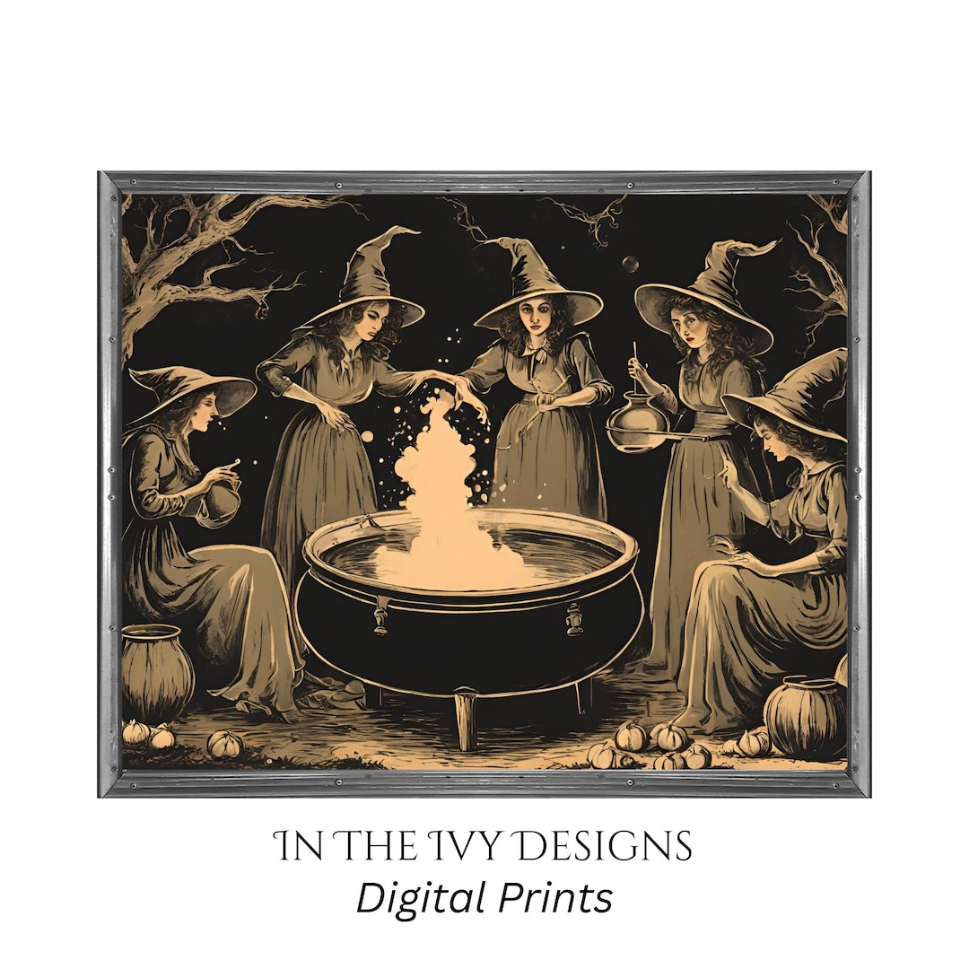 Vintage Halloween Witches With Cauldron Digital Art Eerie Halloween ...