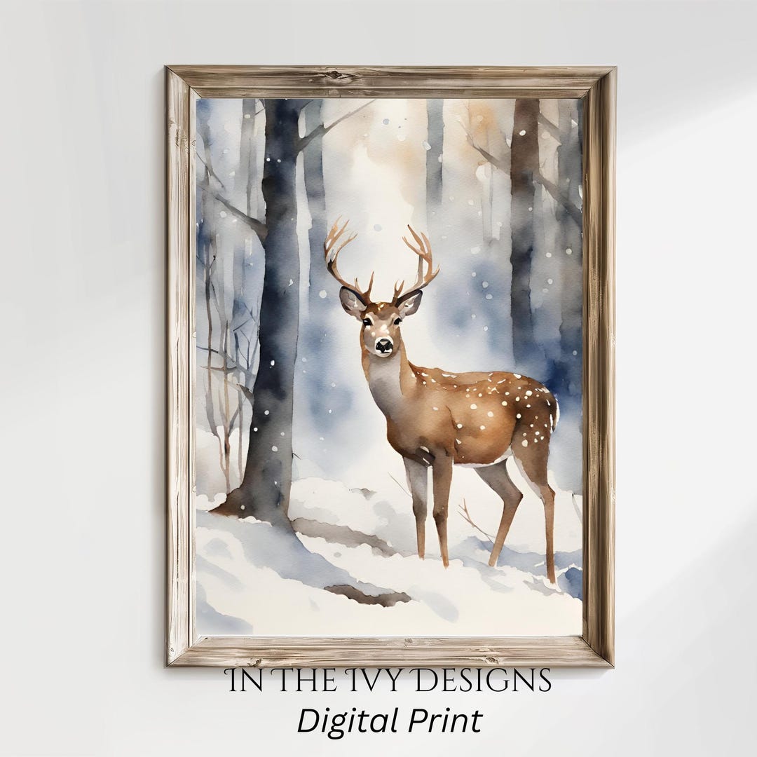 Snowy Forest Wall Art Deer Painting Christmas Wall Art Printable Rustic ...