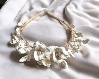 Handmade Ivory Flower Bridal Headband with Pearl: Wedding Hair Tiara