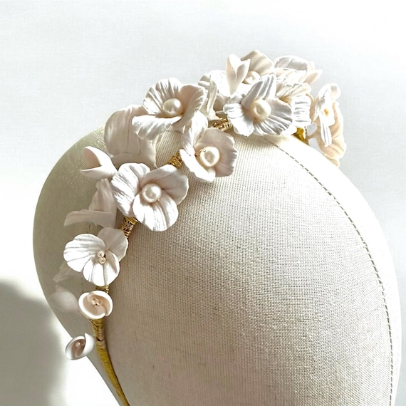 New! HANDCRAFTED White Floral & Faux Pearl Bridal Headband Bouquet Tiara. White Floral Pearl Wedding Tiara: Silver Bridal Headband - Etsy main image 2