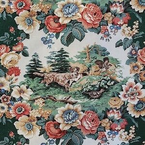 May include: A floral fabric with a dark green border and a central scene featuring dogs, birds, and trees. The fabric is adorned with a variety of flowers in shades of red, pink, yellow, and blue. The text "Bird Dogs" and "Currier & Ives 1857" is visible.