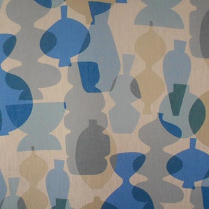 May include: Abstract pattern fabric featuring a repeating design of blue, gray, and beige vases in various shapes and sizes.