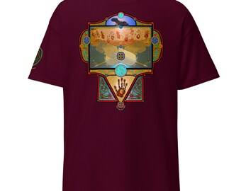May include: A maroon t-shirt with a colorful graphic design featuring a handprint, a bird, and a geometric pattern. The design is framed in a gold border.