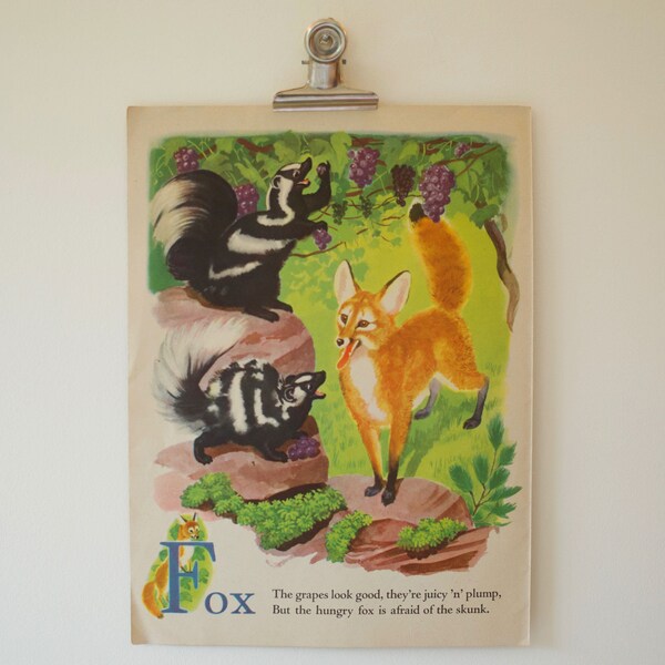 1946 Original Vintage Illustration / F is for Fox - E is for Elephant / A to Z at the Zoo Picture Book