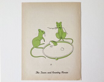 1970 Original Vintage Illustration / Fábulas de Esopo / El ratón de la ciudad y el campo