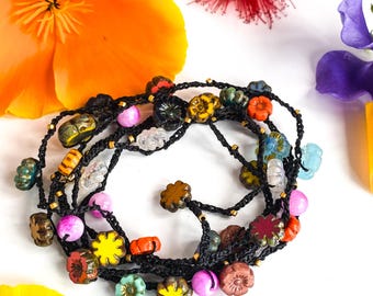 Boho Crochet Flower Necklace: Czech Glass Floral Wrap Bracelet