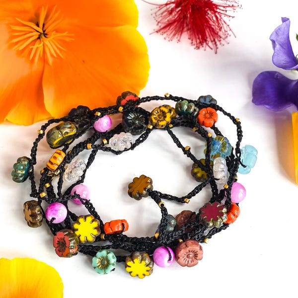 Boho Crochet Flower Necklace: Czech Glass Floral Wrap Bracelet