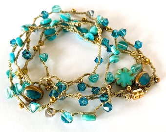 Turquoise Swarovski Crystal Crochet Necklace, Boho Wrap Bracelet