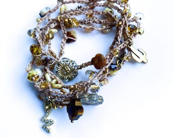 Golden Desert Crochet Beaded Necklace, Layering Necklace with Charms, 5X Wrap Bracelet
