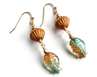 Czech Glass Earrings, Earth, Ocean, Sky, Earrings with Fish Dangles, 14 kt Gold Filled Findings
