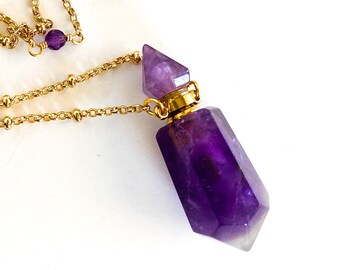 Amethyst Point Essential Oil Necklace, Aromatherapy Vial Pendant, 32" Gold Chain