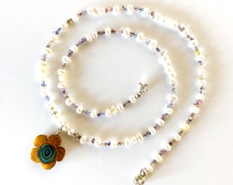 Freshwater Pearl and Herkimer Diamond Necklace with Abalone Flower Pendant, Sterling Silver Clasp, 15.5"