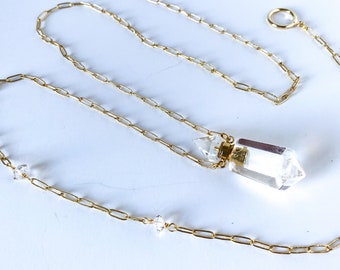 Crystal Quartz Point Bottle, Herkimer Diamond Paper Clip Chain, Essential Oil Aromatherapy Vial Necklace, Chain and Pendant Necklace