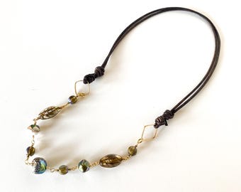 Czech Glass Beaded Necklace, Adjustable Leather Cord, Gold Wire Wrapped