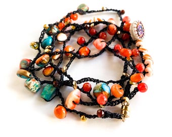 Boho Crochet Coral 36" Necklace/3X Wrap Bracelet, Orange and Turquoise Beaded Wrap.