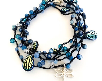 Dancing Dragonfly Beaded Crochet Necklace, Long Boho Layering Necklace or 5x Wrap Bracelet