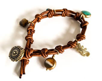 Desert Sky Charm Bracelet, Knotted Leather Boho Bracelet