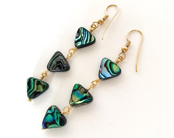 Abalone Shell Triangle Drop Earrings, 14kt Gold Fill, Beachy Boho Jewelry