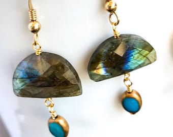 Labradorite Mushroom Drop Earrings, Turquoise, 14kt Gold Fill