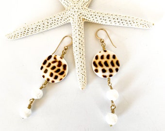 Striking Cowrie and White Carved Shell Dangle Earrings, Beachie Boho Earrings