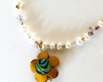 Freshwater Pearl Necklace, Herkimer Diamond, Abalone Flower Pendant, 14kt Gold Fill