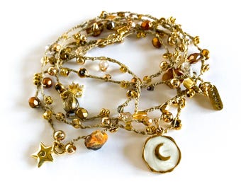 Celestial Crochet Beaded Necklace, Moon Star Charms, 5X Wrap Bracelet