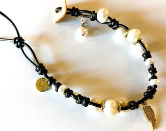 Boho Knotted Leather Bracelet: Freshwater Pearls, Angel Wing Charm