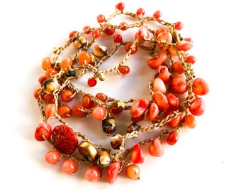 Coral Beaded Crochet Necklace or 3 X Wrap Bracelet