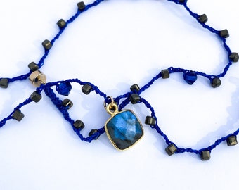 Blue Tide Crochet Necklace, Boho Jewelry, Crochet Necklace, Beaded Boho Jewelry, Labradorite Beaded Necklace