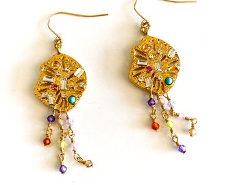 Sparkling Jewel & Gold "Artist's Palette" Drop Earrings, Boho Earrings