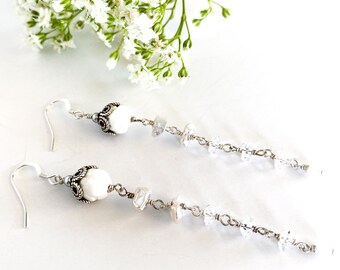 Delicate Carved Shell, Pearl, Crystal Quartz & Moonstone Chain Drop Earrings, Boho Earrings