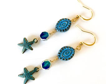 Beachy Blue Starfish Earrings with Czech Glass Evil Eye