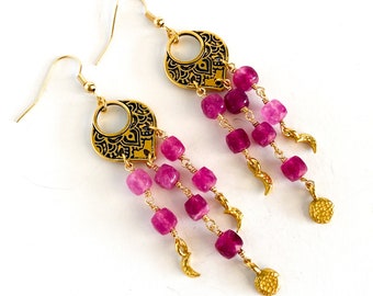 Vibrant Fuchsia and Gold Boho Drop Earrings, Moonphase Dangle Earrings, Girlfriend Gift