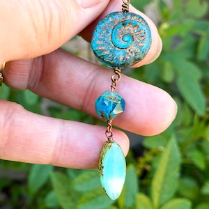 Ocean Garden Czech Glass Earrings, Teal Nautilus Earrings, 3-Drop Boho Chic, Colorful Beach Dreaming Earrings
