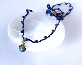 Blue Tide Crochet Necklace with Teardrop Dangle, Boho Jewelry, Crochet Necklace, Beaded Boho Jewelry, Labradorite Beaded Necklace
