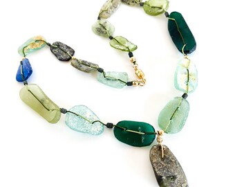 Artisan Roman Glass Necklace: 14kt Gold Fill, Silk Strung, OOAK