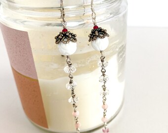 Delicate Crystal Quartz, Carved Shell & Pink Swarovski Crystal Chain Drop Earrings, Boho Earrings