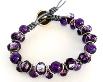 Lush Amethyst & Purple Czech Glass with Leather and Chain Bracelet