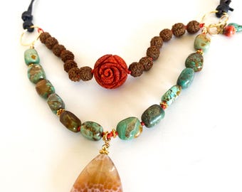 Turquoise and Carved Coral 2-Strand Necklace, Adjustable Leather Cord, Pendant and Dangles