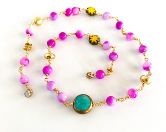 Happy and Bright Orchid Necklace, Turquoise, Hot Pink and Lilac Jade Necklace, Bright Boho Layering, Beaded Chain