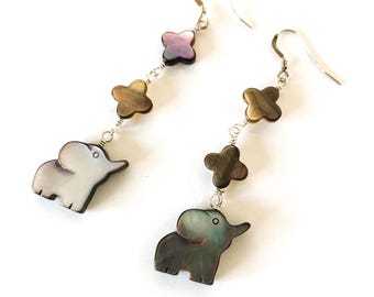 Whimsical Elephant Earrings, Shell Dangle Earrings