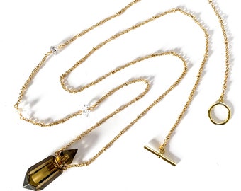 Smoky Quartz Aromatherapy Bottle Necklace, Herkimer Diamond Gold Chain