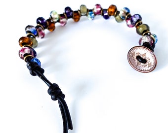 Rainbow Berries Czech Glass, Leather & Chain Bracelet,  Boho Chic, Girlfriend Gift, Special Gift