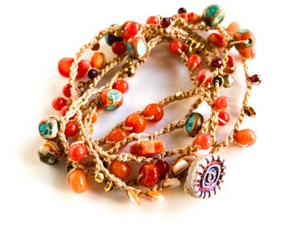 Boho Crochet Coral Long Necklace/3X Wrap Bracelet, Orange and Turquoise Beaded Wrap.
