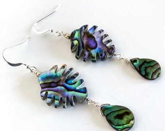Tropical Leaf Earrings, Monstera Earrings, Aurora Borealis Earrings,  Beachy Abalone Earrings, Beachy Boho Chic